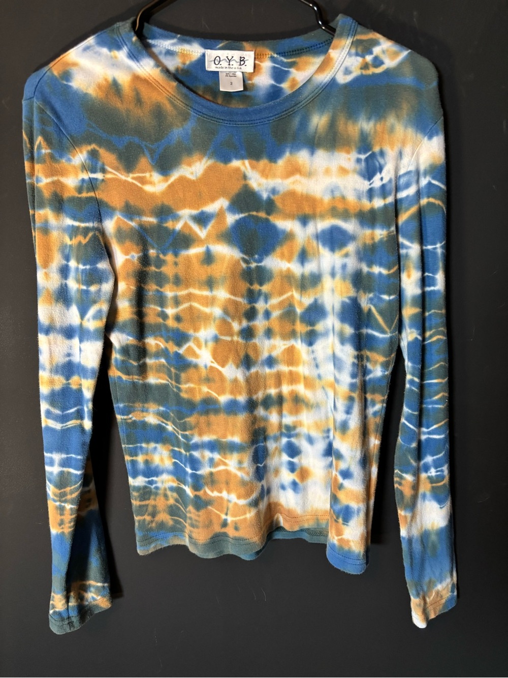 O. Y. B. Women's Blue and Tan Tie-Dye Long Sleeve Top size 2 (medium)